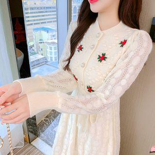 Long-sleeve Flower Embroidered Knit Midi A-line Dress