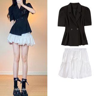 Puff-sleeve Double-breasted Blazer / Shirred A-line Skirt