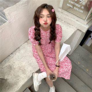 Short-sleeve Floral Print A-line Dress Red Rose - Black - One Size