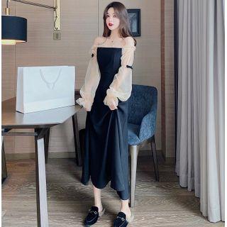 Mesh Long-sleeve Off-shoulder Dress