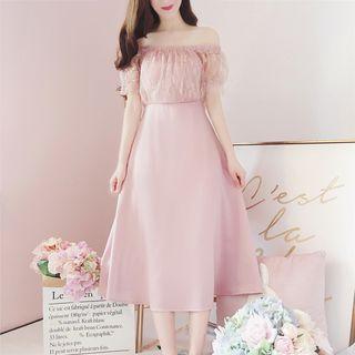 Short-sleeve Off-shoulder Lace Panel A-line Dress