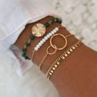 Set Of 4: Alloy Bracelet Set - Gold & White & Green - One Size