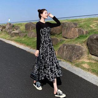 Long-sleeve Panel Floral Midi A-line Dress