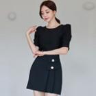 Set: Elbow-sleeve Top + Asymmetrical Pleated Mini Skirt