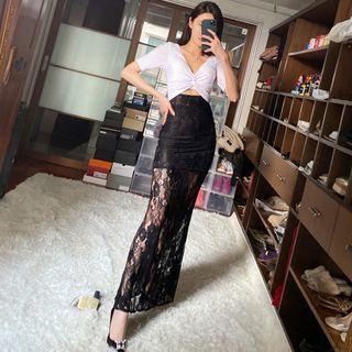 Set: Short-sleeve Twisted T-shirt + Midi A-line Lace Skirt