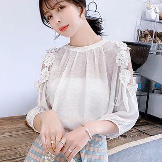 Flower Detail Cold Shoulder 3/4-sleeve Chiffon Blouse