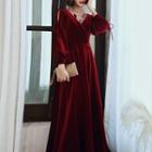 Long-sleeve Velvet A-line Gown