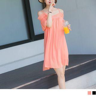 Short Sleeve Off-shoulder Lace Panel A-line Dress