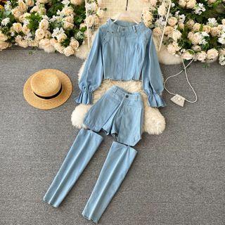 Set : Long Sleeve Denim Top + Cutout Panel Jeans