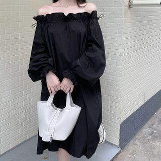 Long-sleeve Cold Shoulder A-line Dress Black - One Size