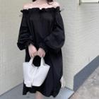 Long-sleeve Cold Shoulder A-line Dress Black - One Size