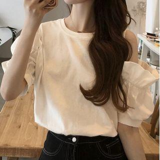 Ruffle Trim Cold-shoulder T-shirt