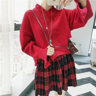 Distressed Long-sleeve Knit Sweater / Plaid Mini Skirt
