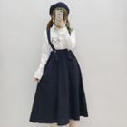 Embroidered Long-sleeve Blouse / Suspender Midi Skirt