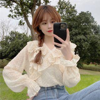 Long-sleeve V-neck Ruffled Chiffon Blouse