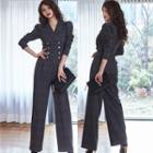Long-sleeve Plaid Collared Jumpsuit