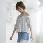 Elbow-sleeve Off-shoulder Polka Dot Blouse