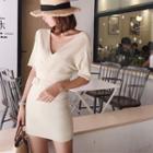 V-neck Short-sleeve Knit Dress With Belt