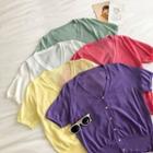 Plain V-neck Single-breasted Short-sleeve Knit Cardigan