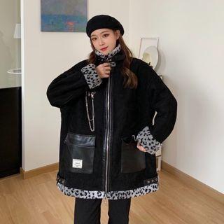 Reversible Leopard Print Fleece Zip-up Jacket Leopard Print - Black - One Size
