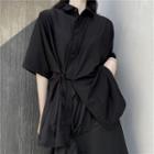 Short-sleeve Tie-front Shirt Black - One Size