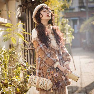 Fringed Trim Plaid Buttoned Coat