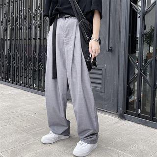 Mid-rise Plain Pleated Wide-leg Dress Pants