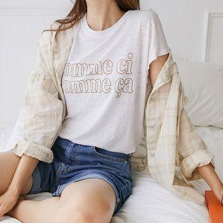 Letter Cap-sleeve Linen T-shirt