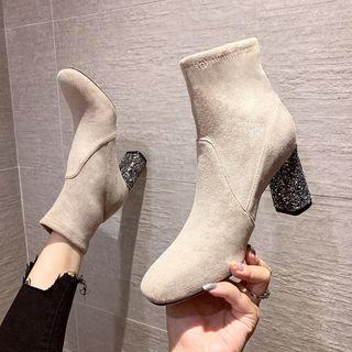 Glitter Block Heel Velvet Short Boots