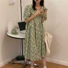 Puff-sleeve Floral Print Midi A-line Dress Floral - Green - One Size