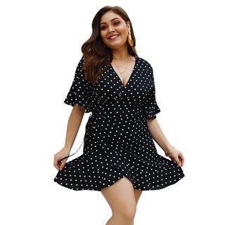 Plus Size Elbow-sleeve Dotted Mini A-line Dress