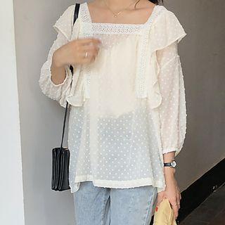 3/4-sleeve Ruffle Square Neck Blouse