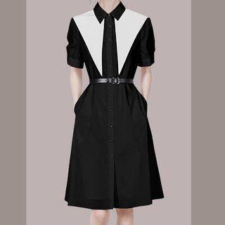 Set: Short-sleeve Two-tone Shirt Dress + Belt