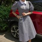 Puff-sleeve Collared Gingham-check A-line Dress