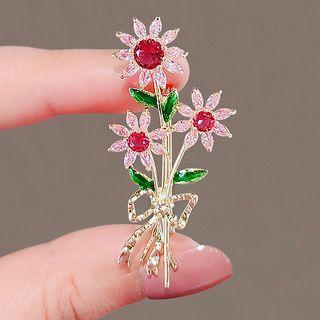 Rhinestone Flower Brooch Ly2359 - Flower - Red & Green - One Size