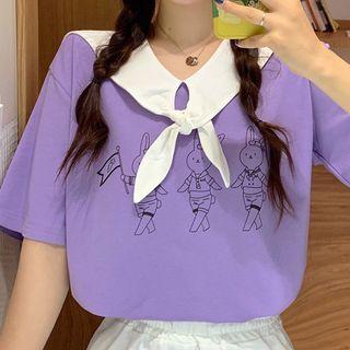 Sailor Collar Rabbit Print Short-sleeve T-shirt