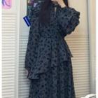 Long-sleeve Floral Printed Asymmetrical Layer Midi Dress As Shown In Figure - One Size