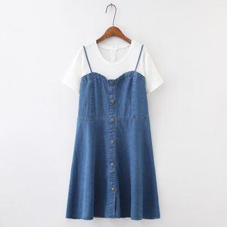Mock Two-piece Short-sleeve Denim Dress