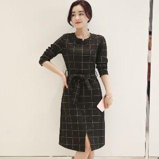 Long-sleeve Check Slit-hem Dress