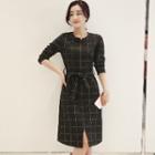 Long-sleeve Check Slit-hem Dress