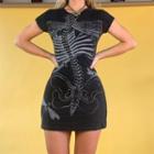 Short-sleeve Skeleton Print Mini Sheath Dress