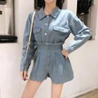 Set: Long-sleeve Denim Shirt + Wide-leg Shorts