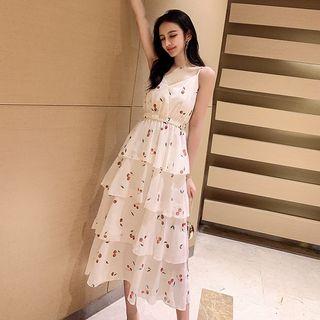 Cherry Print Spaghetti Strap Midi Layered Dress