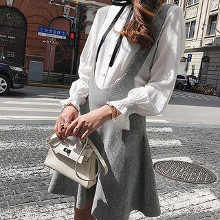 Set: Bow-accent Shirt + Suspender A-line Dress