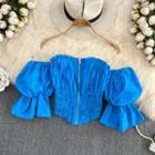 Off Shoulder Zip Front Smocked Blouse