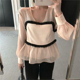 V-neck Paneled Chiffon Blouse / Cropped Wide Leg Pants
