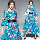 Floral Print Bell-sleeve A-line Maxi Dress