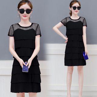 Mesh Panel Short Sleeve Chiffon Dress