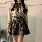 Long-sleeve Mock-neck Bow Blouse / Floral Print Mini A-line Skirt