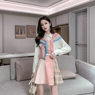 Set: Paneled Bobble Shawl Shirt + Plaid Panel A-line Skirt